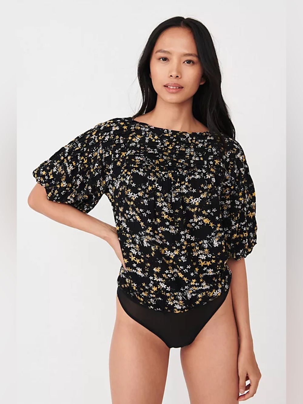 Free People Dessa Floral Puff Sleeve Black Bodysuit S